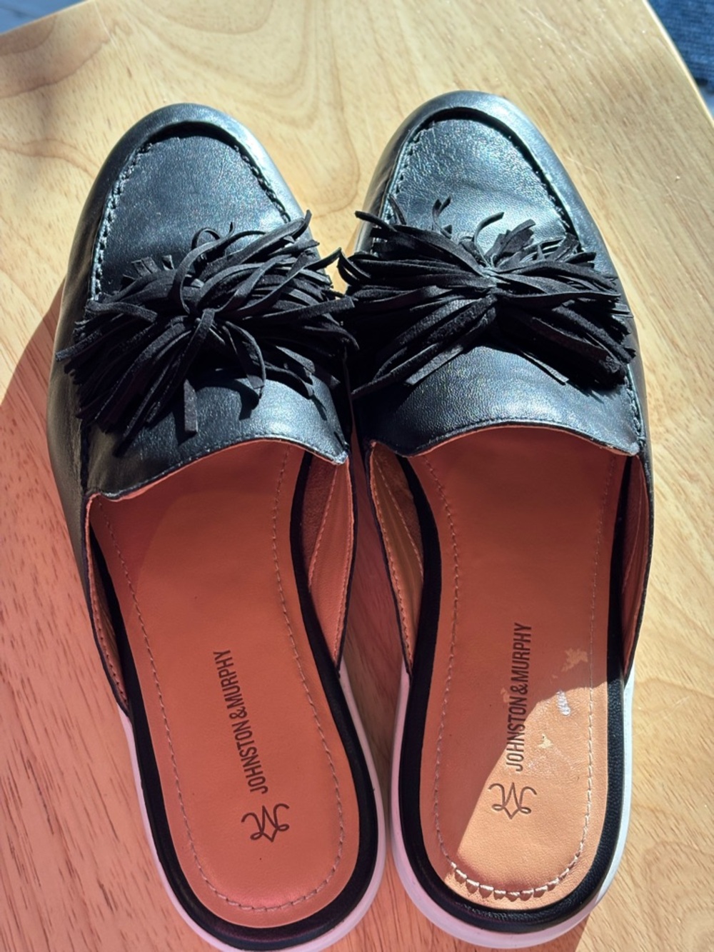Johnston & Murphy Black Leather Tassel Mule Slides